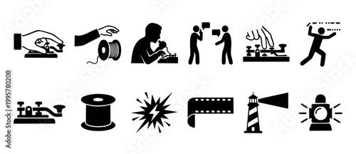 Morse Code Communication Icons Set, Telegraph Technology and Signal Symbols, Vintage Radio Equipment and Visual Alert Elements for Historical Telecom Concepts, Technical Vector Graphic Illustration Co