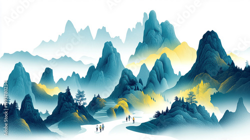 Majestic Blue and Gold Mountain Landscape Illustration in Traditional Chinese National Style with Travelers