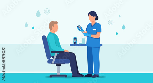 Doctor checks patient's blood sugar level with glucometer, diabetes test, healthcare concept