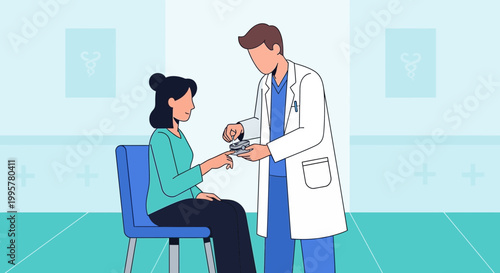 Doctor checks patient's oxygen saturation with pulse oximeter in medical office