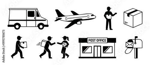 Delivery Logistics Icons Set: Shipping, Courier, and Mail Service Symbols featuring Transportation, Parcel Tracking, Post Office, and Global Freight Concepts for Business and E-commerce Digital Soluti