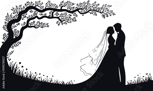 Romantic silhouette of a bride and groom standing under a large tree in a meadow, perfect for wedding invitations, greeting cards, and elegant graphic designs