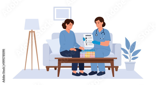 Doctor consulting patient at home, discussing medical results and treatment options