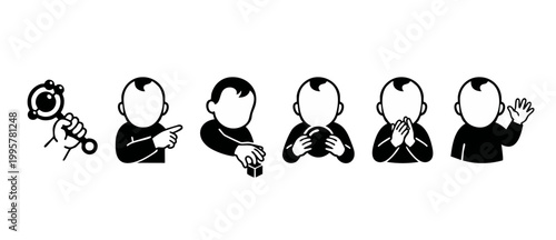 Baby icon set, simple vector illustration of infant activities, cute newborn character expressions for child development, parenting, nursery decor and baby shower design elements, black on white backg