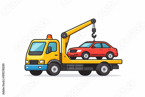 Yellow tow truck lifting red car with hydraulic crane on white background