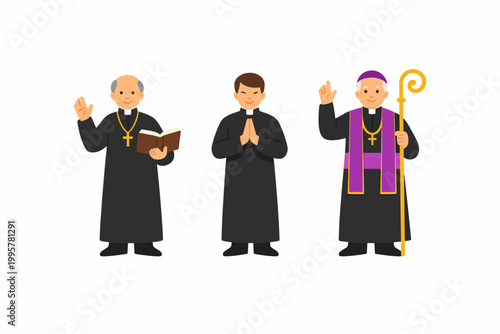 Cartoon illustration of three male priests in religious attire with crosses and staff