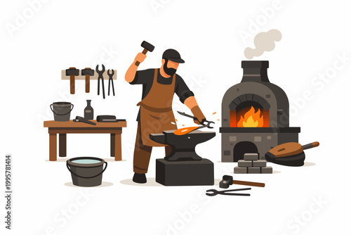 Blacksmith forging metal in workshop with tools and forge