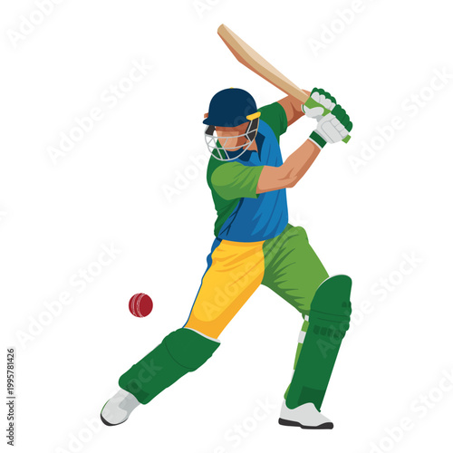Cricket batsman swings a wooden bat to strike a red ball during a competitive match while wearing protective gear including a helmet, pads, and gloves to ensure safety during the athletic performance.