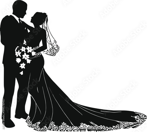 Elegant silhouette of a newlywed couple in wedding attire standing together, bride wearing a long flowing dress with veil, groom in formal suit, romantic composition