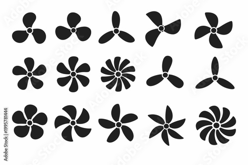 Collection of various black fan blade silhouette designs on white background