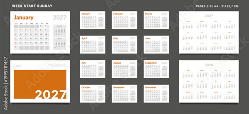 2027 Calendar Planner Set Template 12 Monthly Page, Cover with Place for Photo and Company Logo, Annual 2027-2028. Vector layout grid wall, desk organizer for print. Week start Sunday. Pages mockup A4