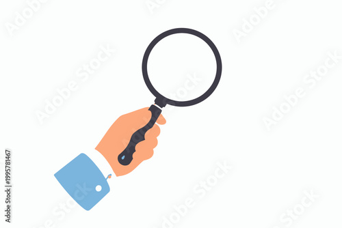 Hand holding magnifying glass with blue sleeve on white background