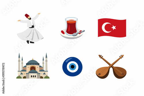 Turkish culture symbols: whirling dervish, tea, flag, mosque, nazar, saz