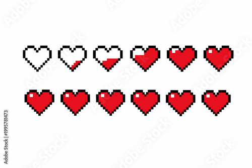 Pixel art hearts showing different life levels in video game style