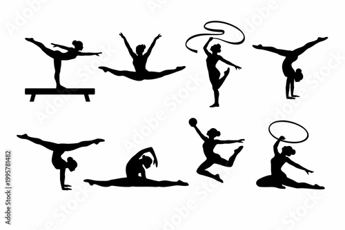 Silhouettes of female gymnasts performing rhythmic and artistic routines