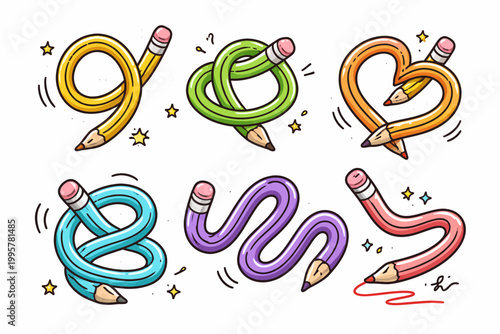 Colorful twisted pencils forming creative shapes with stars and swirls