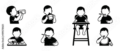 Baby eating icon set, infant feeding activities in black and white silhouette vector collection for childcare, nursery, toddler nutrition, bottle drinking, high chair sitting and healthy mealtime conc