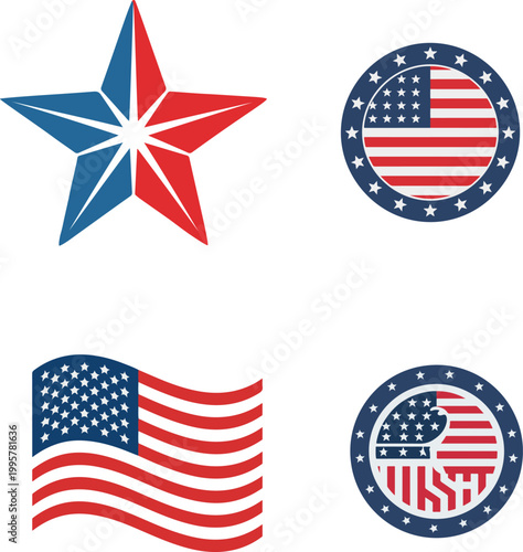 USA Patriotic Star & Flag Vector Icons Set – American Flag Badge, Star Emblem, Wavy Flag, Eagle Crest – Red White Blue Flat Design