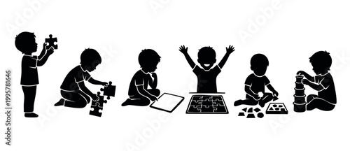 Children playing with puzzles, logic games and educational toys, vector silhouettes of kids engaged in cognitive development activities, learning, problem solving, teamwork, childhood play, black isol