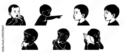 Little Boy Silhouettes Set Pointing Whistling Listening to Seashell Expressions Collection for Kids Activities Vector Illustration isolated on white background for design projects and educational mate