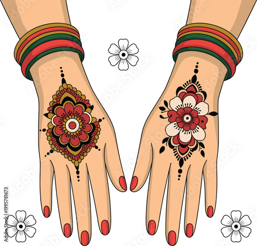 Colorful Mehndi Hand Design with Bangles Vector Illustration