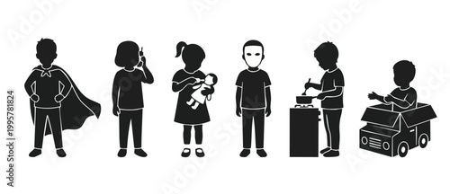 Children Silhouettes Set Playing Games and Daily Activities, Superhero Cape Phone Doll Cooking Box Car Icons, Vector Illustration of Kids Characters Isolated on White Background for Education and Desi