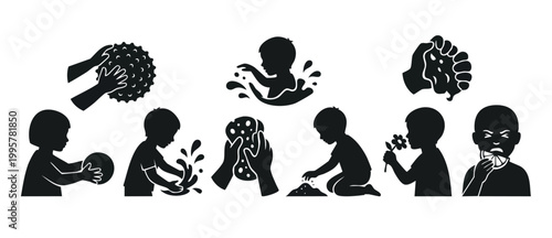 Children Activities Silhouette Icons Set, Sensory Play and Learning Concepts, Preschool Developmental Tasks and Daily Experiences, Vector Collection of Kids Interacting with Objects and Nature Environ