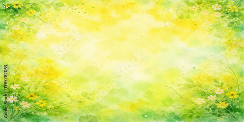 Abstract spring and summer nature background featuring a soft bokeh design with sunny garden flowers and bright green grass under a clear blue sky