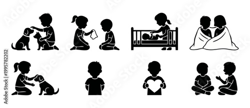 Children Silhouette Icons Set, Happy Kids Playing Together and Caring for Pets, Bedtime Routine and Friendship Concept, Vector Black Graphic Collection for Social Media, Education, and Family Life The