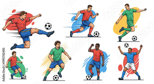 Soccer players in various kicking positions.