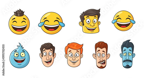 Collection of laughing cartoon faces emoticons.