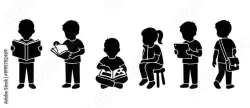 Children silhouette set reading books and using tablet isolated on white background, group of school kids studying, learning, and education concept for vector graphic design and educational infographi