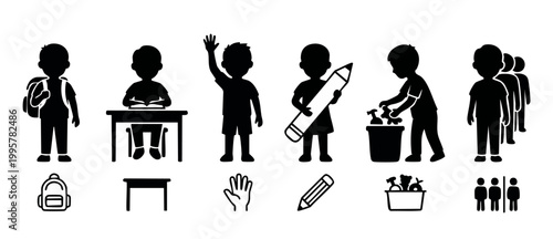School Children Silhouettes Set with Backpack, Desk, Hand Raising, Pencil, Toys, and Queue Line for Classroom Activities and Education Concepts, Isolated Black Vector Icons on White Background Design