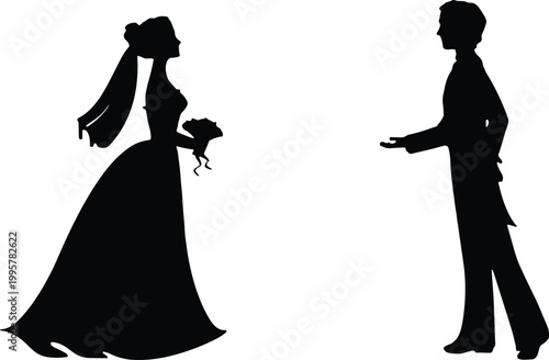 Elegant black silhouette of a beautiful bride holding a bouquet and a handsome groom standing opposite, isolated on a clean white background, wedding concept design