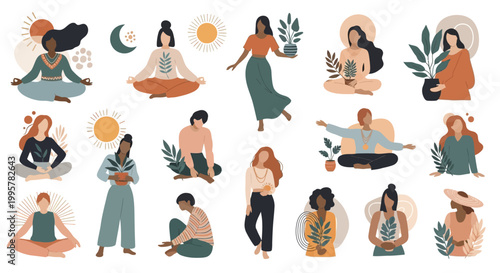 Women in various yoga poses sitting.