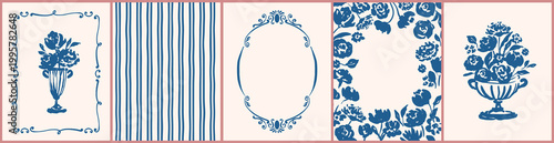 Set of cards, covers, patterns with hand drawn cute flowers, vases, stripes. Naive, simple art design. Spring, summer botanical vector illustration. Cottagecore, country vintage style.