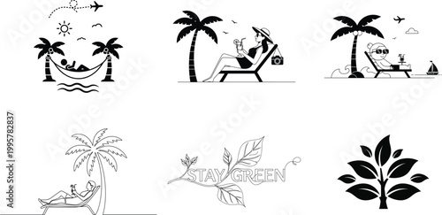 Tropical paradise collection black and white illustrations of palm trees hammocks and relaxing beach scenes