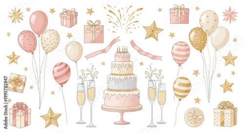 Birthday cake with champagne glasses.