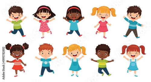 Diverse group of happy children playing.