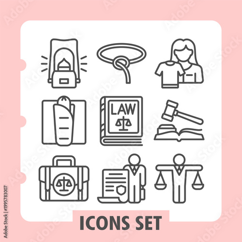 Lighter, burrito, lawyer briefcase icons, collection illustrating concepts such as justice, religion, food and daily activities. Set of nine line icons on white background.