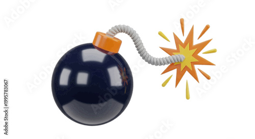 Vector illustration of 3d render of a cartoon bomb with a lit fuse on a transparent background