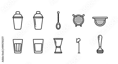 Professional bartender barware tools line icons set featuring cocktail shaker strainer jigger muddler and mixing spoon for drink preparation menu designs.