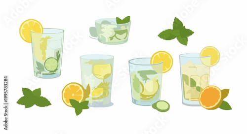 Refreshing summer cocktail flat vector illustration set featuring mojito lemonade lime mint and citrus drinks for bar menu and cafe designs.