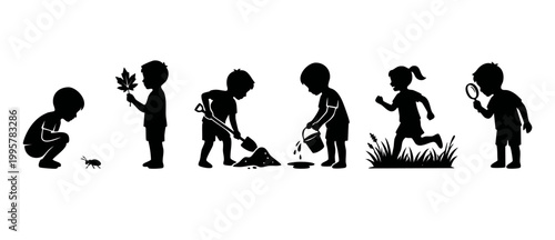 Children exploring nature silhouette set, kids playing outdoors, digging, running and discovering wildlife with magnifying glass, flat vector illustration isolated on white background for education de