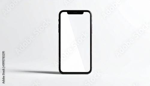 Modern black smartphone mockup with a pristine, blank white screen on a minimalist background, ideal for displaying app interfaces, website designs, or digital content in a clean, professional setting