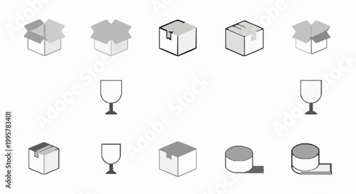 Minimalist Grayscale Shipping Icon Set Featuring Open Cardboard Boxes Fragile Glass Symbols and Packaging Tape Rolls Vector Illustration for Logistics, 18 words.