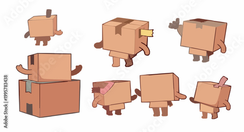 Cute Cardboard Box Character Mascot Set Minimalist Flat Illustration for Logistics Shipping Delivery Services E-commerce Branding and Moving House Projects, 19 words.