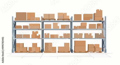 Warehouse Industrial Shelving Unit with Cardboard Boxes Minimalist Flat Illustration for Logistics Storage Inventory Management and E-commerce Supply Chain Designs, 19 words.