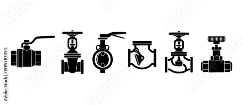 Industrial Valve Icons Set, Pipeline Control Equipment Symbols, Engineering Plumbing Parts Collection for Mechanical Infrastructure, Flow Regulation Hardware Vector Illustration, Black Silhouette Desi