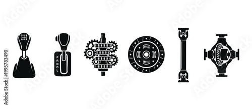 Car transmission parts and gear icons set - Automotive mechanical drivetrain components including manual stick shifter, automatic gear selector, clutch plate, drive shaft and differential housing asse